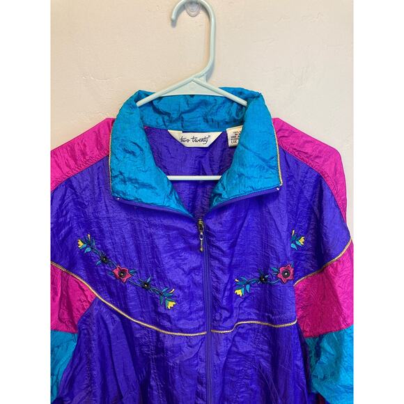 Vintage 80's Two Twenty Floral Embroidered Bright 80's Nylon Windbreaker Large - Picture 3 of 8